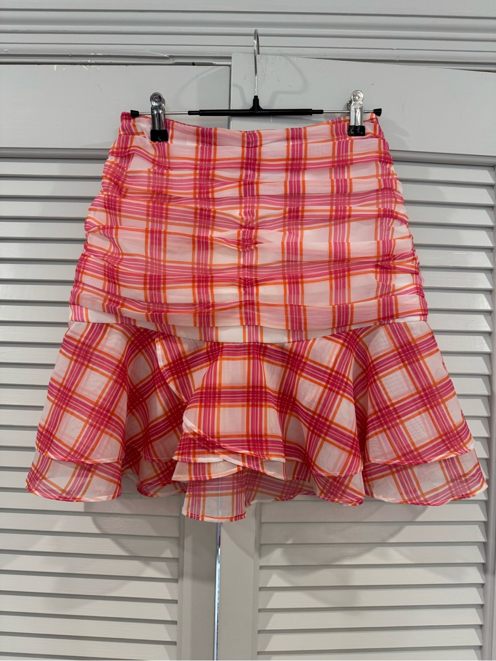C/MEO Collective Pink and Orange Plaid Ruffle Mini Skirt